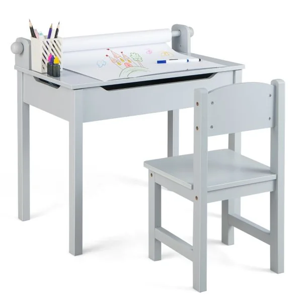 Table Multi-activités avec Chaise Table D'art et D'artisanat pour Enfants Support de Rouleau de Papier Rangement Rouleau de Papier 2 Marqueurs Blanc/Gris/Rose