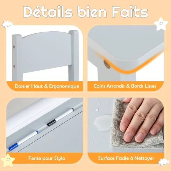 Table Multi-activités avec Chaise Table D'art et D'artisanat pour Enfants Support de Rouleau de Papier Rangement Rouleau de Papier 2 Marqueurs Blanc/Gris/Rose
