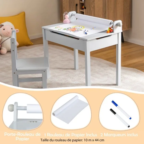 Table Multi-activités avec Chaise Table D'art et D'artisanat pour Enfants Support de Rouleau de Papier Rangement Rouleau de Papier 2 Marqueurs Blanc/Gris/Rose
