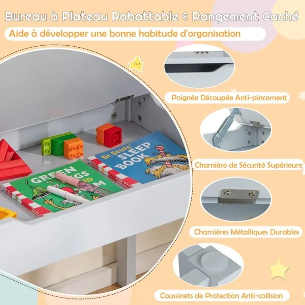 Table Multi-activités avec Chaise Table D'art et D'artisanat pour Enfants Support de Rouleau de Papier Rangement Rouleau de Papier 2 Marqueurs Blanc/Gris/Rose