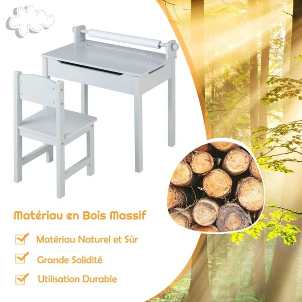 Table Multi-activités avec Chaise Table D'art et D'artisanat pour Enfants Support de Rouleau de Papier Rangement Rouleau de Papier 2 Marqueurs Blanc/Gris/Rose