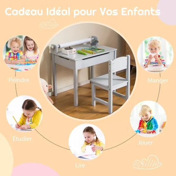 Table Multi-activités avec Chaise Table D'art et D'artisanat pour Enfants Support de Rouleau de Papier Rangement Rouleau de Papier 2 Marqueurs Blanc/Gris/Rose
