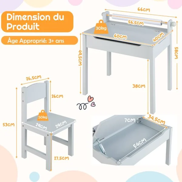 Table Multi-activités avec Chaise Table D'art et D'artisanat pour Enfants Support de Rouleau de Papier Rangement Rouleau de Papier 2 Marqueurs Blanc/Gris/Rose