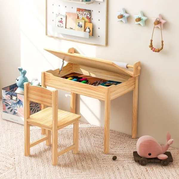 Table Multi-activités avec Chaise Table D'art et D'artisanat pour Enfants Support de Rouleau de Papier Rangement Rouleau de Papier 2 Marqueurs Naturel