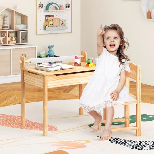 Table Multi-activités avec Chaise Table D'art et D'artisanat pour Enfants Support de Rouleau de Papier Rangement Rouleau de Papier 2 Marqueurs Naturel