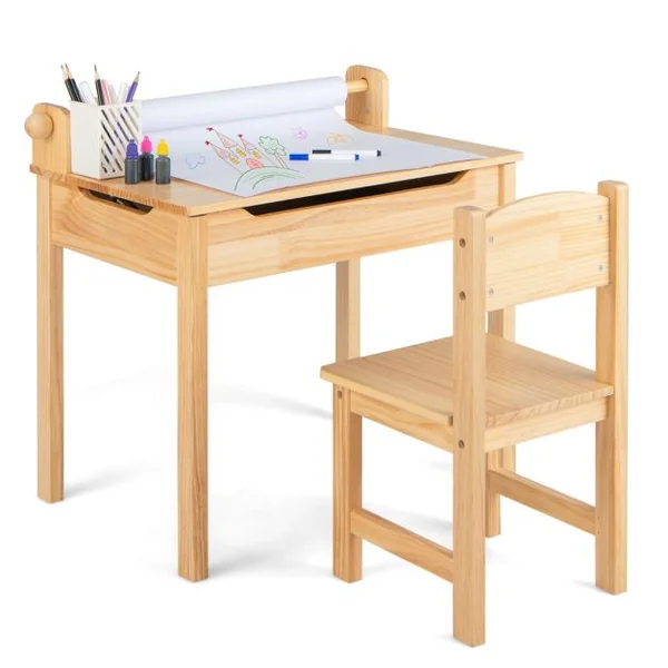 Table Multi-activités avec Chaise Table D'art et D'artisanat pour Enfants Support de Rouleau de Papier Rangement Rouleau de Papier 2 Marqueurs Naturel