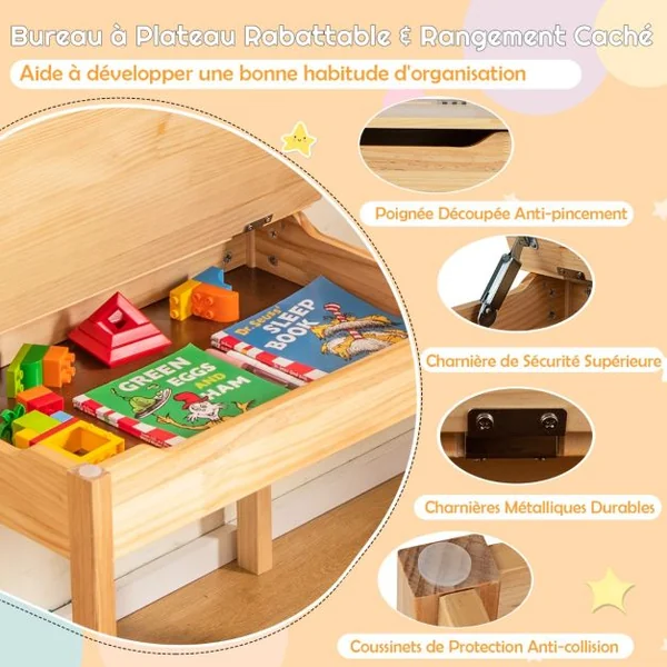 Table Multi-activités avec Chaise Table D'art et D'artisanat pour Enfants Support de Rouleau de Papier Rangement Rouleau de Papier 2 Marqueurs Naturel