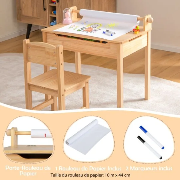Table Multi-activités avec Chaise Table D'art et D'artisanat pour Enfants Support de Rouleau de Papier Rangement Rouleau de Papier 2 Marqueurs Naturel