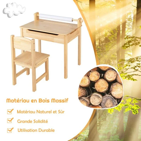 Table Multi-activités avec Chaise Table D'art et D'artisanat pour Enfants Support de Rouleau de Papier Rangement Rouleau de Papier 2 Marqueurs Naturel