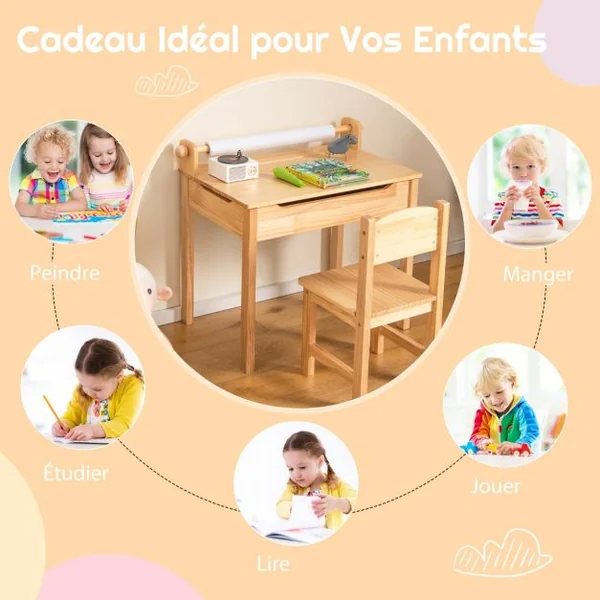 Table Multi-activités avec Chaise Table D'art et D'artisanat pour Enfants Support de Rouleau de Papier Rangement Rouleau de Papier 2 Marqueurs Naturel