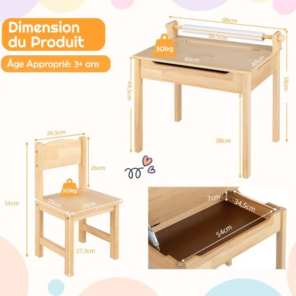Table Multi-activités avec Chaise Table D'art et D'artisanat pour Enfants Support de Rouleau de Papier Rangement Rouleau de Papier 2 Marqueurs Naturel