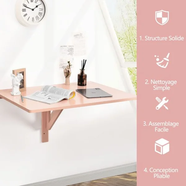 Table Murale Rabattable en Bois de Pin Table de Cuisine Pliante 80 x 60 x 45 cm Rose