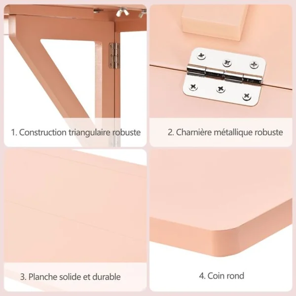 Table Murale Rabattable en Bois de Pin Table de Cuisine Pliante 80 x 60 x 45 cm Rose