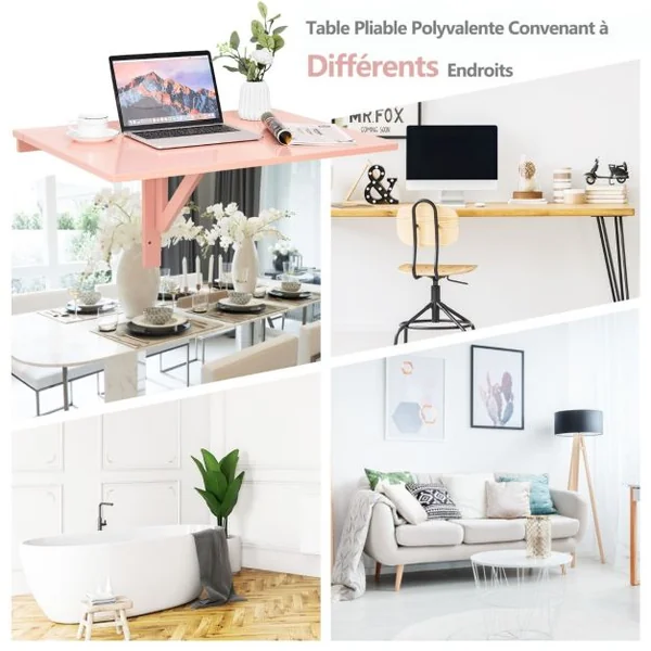 Table Murale Rabattable en Bois de Pin Table de Cuisine Pliante 80 x 60 x 45 cm Rose