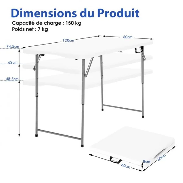 Table Pliante Table de Pique-nique avec 3 Hauteurs Réglables Table de Salle à Manger Portable pour Camping Fête