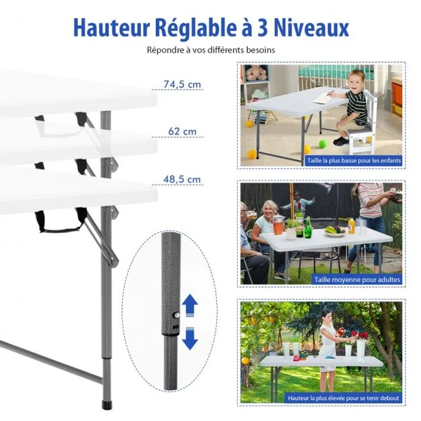 Table Pliante Table de Pique-nique avec 3 Hauteurs Réglables Table de Salle à Manger Portable pour Camping Fête