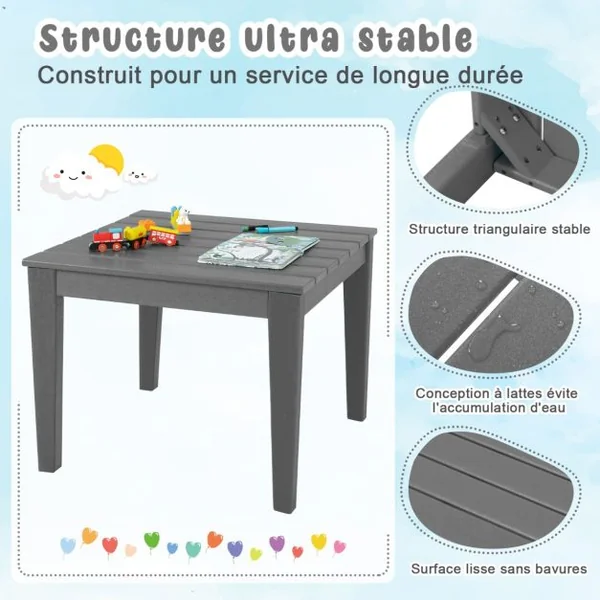 Table pour Enfants en PEHD anti-Décoloration pour Intérieur / Extérieur 64,5 x 64,5 x 51 cm (L x l x H) Gris