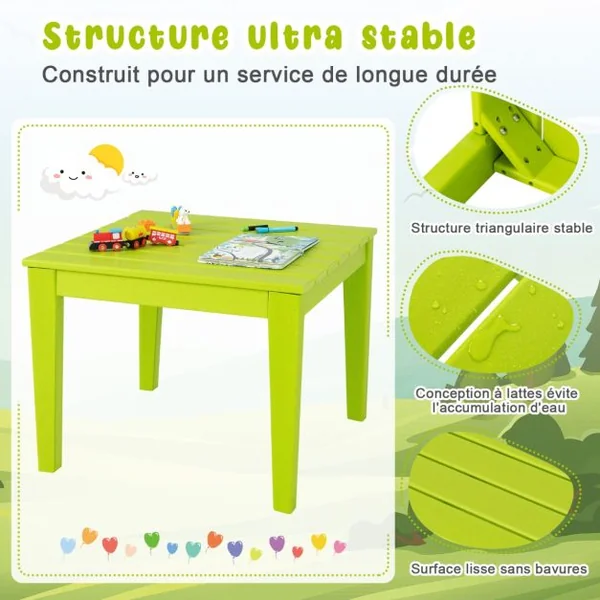 Table pour Enfants en PEHD anti-Décoloration pour Intérieur / Extérieur 64,5 x 64,5 x 51 cm (L x l x H) Vert