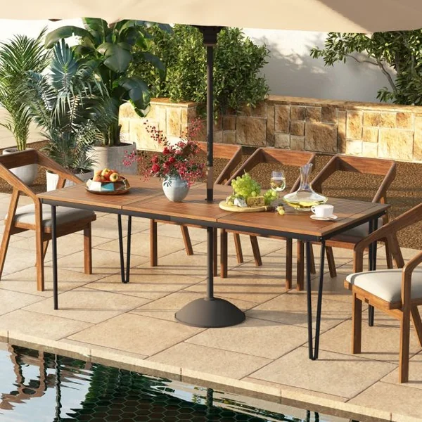 Table pour Jardin de 200 Cm Table d'extérieur pour 8 Personnes avec Trou pour Parasol de 5 Cm Pieds en Métal et Repose-pied Réglables
