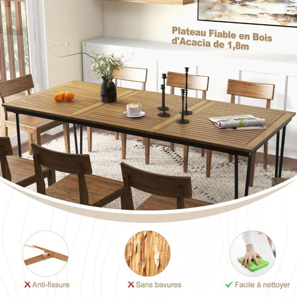 Table pour Jardin de 200 Cm Table d'extérieur pour 8 Personnes avec Trou pour Parasol de 5 Cm Pieds en Métal et Repose-pied Réglables