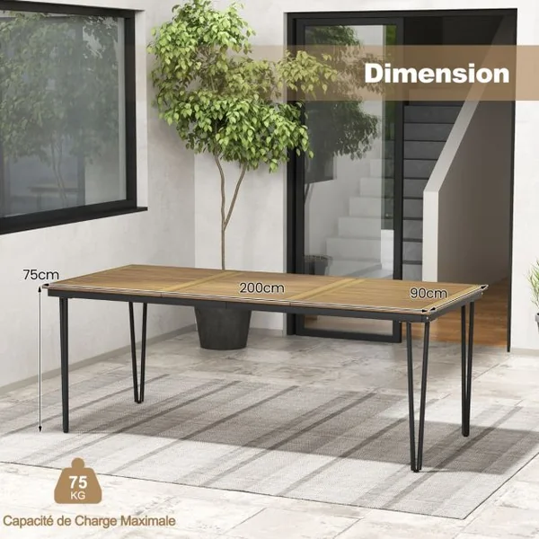 Table pour Jardin de 200 Cm Table d'extérieur pour 8 Personnes avec Trou pour Parasol de 5 Cm Pieds en Métal et Repose-pied Réglables