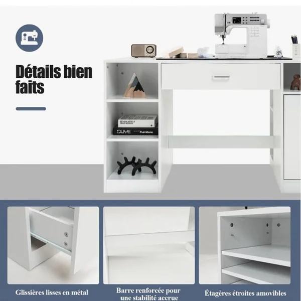 Table pour Machine à Coudre -12 Etagères et 2 Tiroirs Table d'Artisanat et de Coupe Blanc