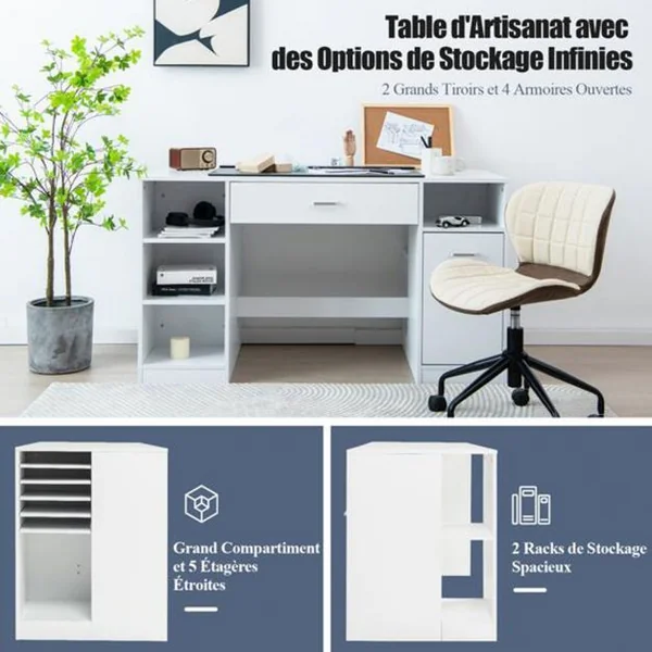 Table pour Machine à Coudre -12 Etagères et 2 Tiroirs Table d'Artisanat et de Coupe Blanc