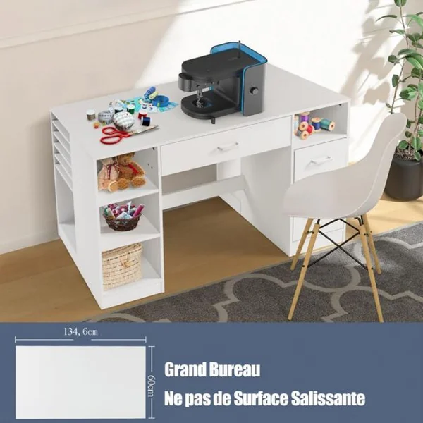 Table pour Machine à Coudre -12 Etagères et 2 Tiroirs Table d'Artisanat et de Coupe Blanc