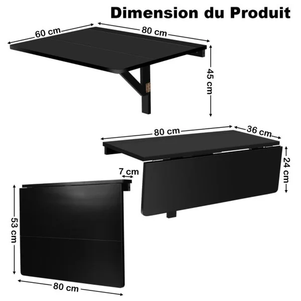 Table Rabattable Murale Plateaux Pliable 80×60cm (L x l)-Meuble Foyers pour Etudiants Appartements Cuisine Noir/Blanc/Natural/Gris