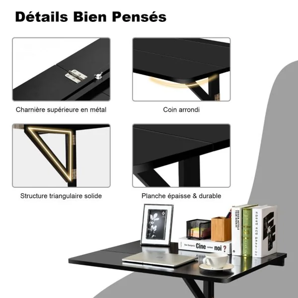 Table Rabattable Murale Plateaux Pliable 80×60cm (L x l)-Meuble Foyers pour Etudiants Appartements Cuisine Noir/Blanc/Natural/Gris