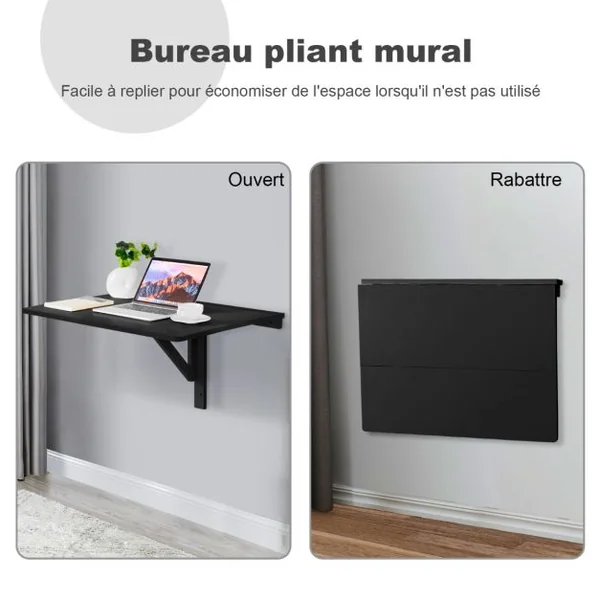 Table Rabattable Murale Plateaux Pliable 80×60cm (L x l)-Meuble Foyers pour Etudiants Appartements Cuisine Noir/Blanc/Natural/Gris