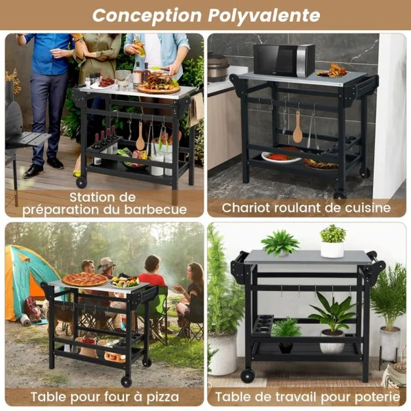 Table Roulante Table de Préparation avec Poignée et Roues Plateau en Acier Inoxydable Support de Bouteilles 105x54x85cm Charge 115+35kg Noir