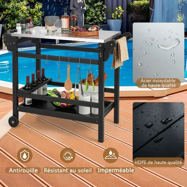 Table Roulante Table de Préparation avec Poignée et Roues Plateau en Acier Inoxydable Support de Bouteilles 105x54x85cm Charge 115+35kg Noir