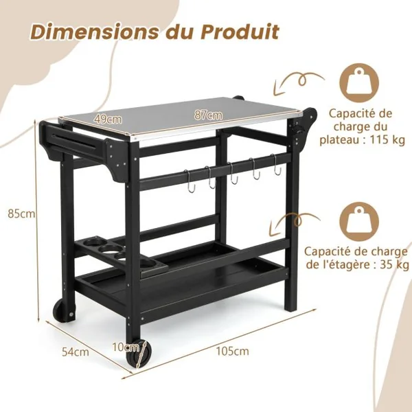 Table Roulante Table de Préparation avec Poignée et Roues Plateau en Acier Inoxydable Support de Bouteilles 105x54x85cm Charge 115+35kg Noir