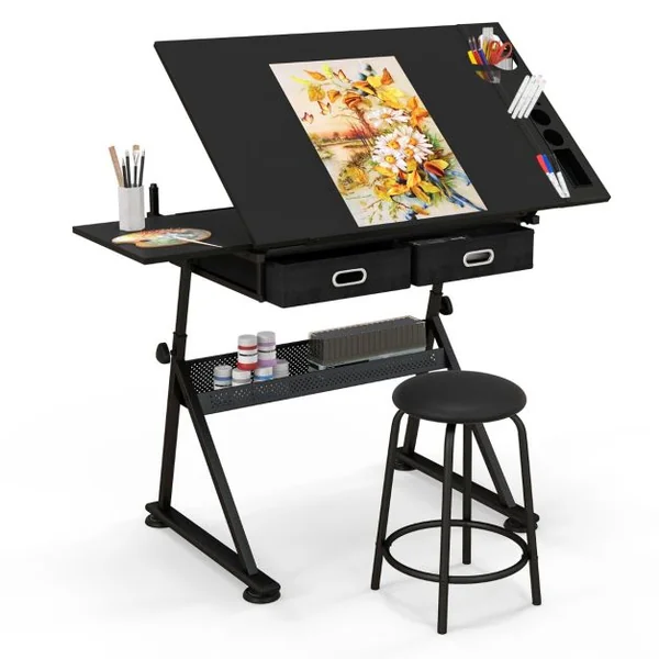 Table à dessin inclinable, Tabouret 2 Tiroirs, Hauteur Réglable Multifonctionnel, en MDF métal PVC 115x60x65/90.5cm Noir