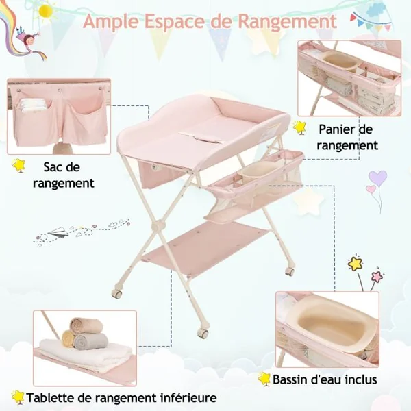 Table à Langer 3 en 1 Pliante Hauteur Réglable à 3 Niveaux Panier de Rangement Tissu Imperméable Bleu/Gris/Rose