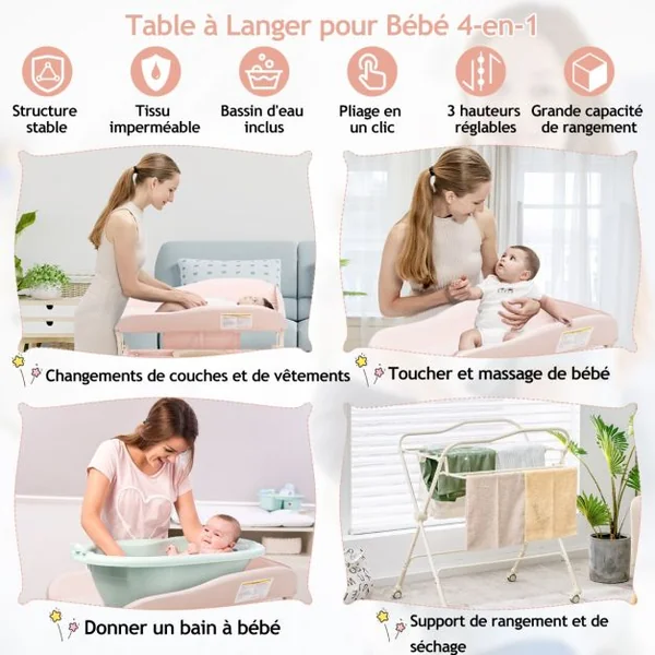 Table à Langer 3 en 1 Pliante Hauteur Réglable à 3 Niveaux Panier de Rangement Tissu Imperméable Bleu/Gris/Rose