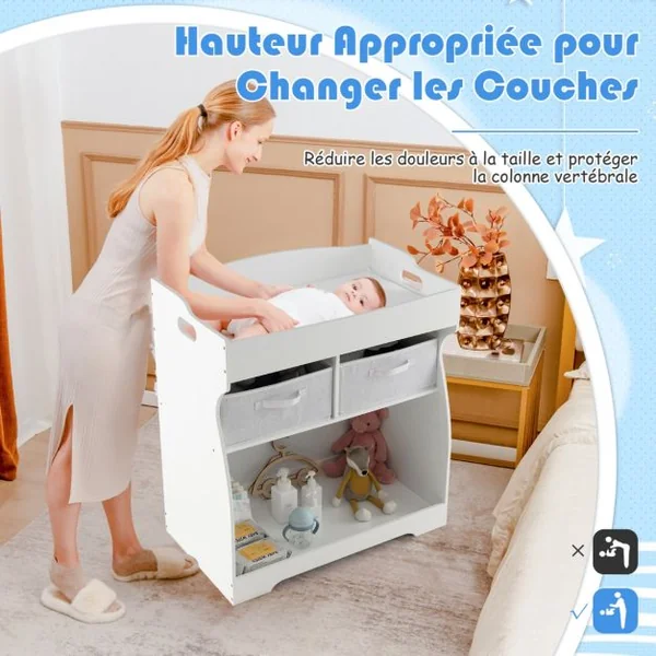 Table à Langer avec 2 Tiroirs et Grand Bac de Rangement Charge 15 KG Commode à Langer avec Matelas à Langer Imperméable et Ceinture de Sécurité Blanc