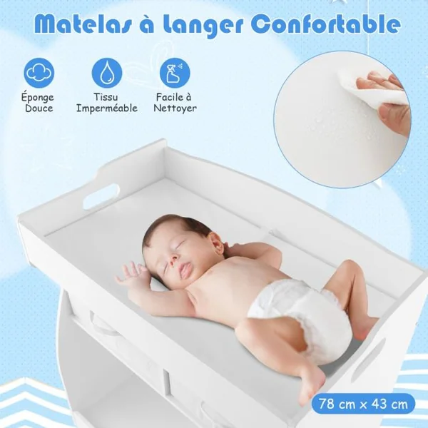Table à Langer avec 2 Tiroirs et Grand Bac de Rangement Charge 15 KG Commode à Langer avec Matelas à Langer Imperméable et Ceinture de Sécurité Blanc