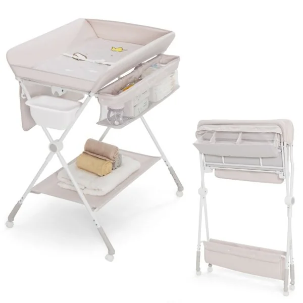 Table à Langer Bébé Pliante 4 en 1 avec Récipient d'Eau 4 Plaques de Protection Hauteurs Réglables 4 Roues Universelles Bleu