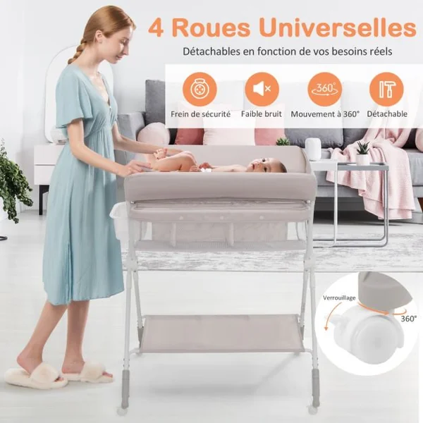 Table à Langer Bébé Pliante 4 en 1 avec Récipient d'Eau 4 Plaques de Protection Hauteurs Réglables 4 Roues Universelles Bleu