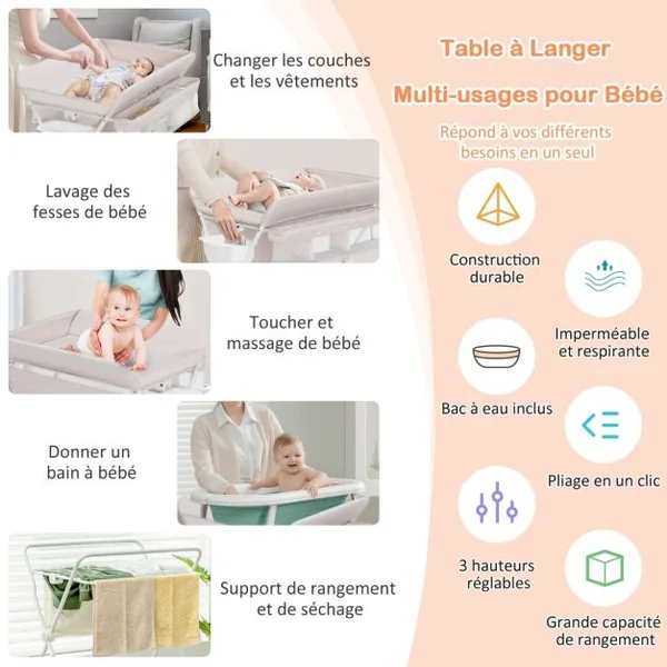 Table à Langer Bébé Pliante 4 en 1 avec Récipient d'Eau 4 Plaques de Protection Hauteurs Réglables 4 Roues Universelles Bleu