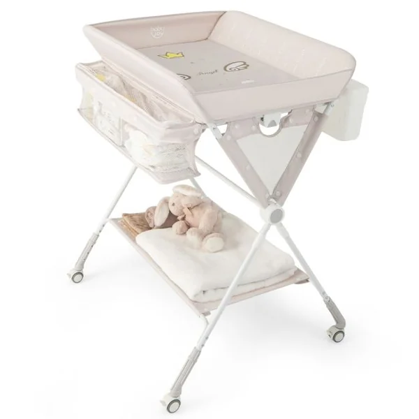 Table à Langer Pliable pour Bébé avec Hauteur Réglable sur 3 Niveaux Poubelle Panier de Rangement Etagère Roues Verrouillables Gris/Beige
