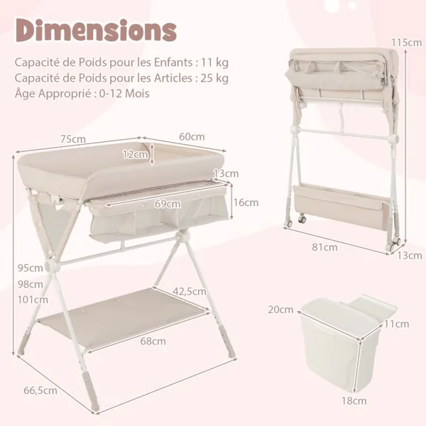 Table à Langer Pliable pour Bébé avec Hauteur Réglable sur 3 Niveaux Poubelle Panier de Rangement Etagère Roues Verrouillables Gris/Beige