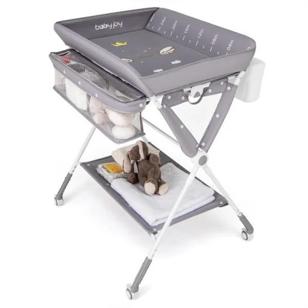 Table à Langer Pliable pour Bébé avec Hauteur Réglable sur 3 Niveaux Poubelle Panier de Rangement Etagère Roues Verrouillables Gris/Beige
