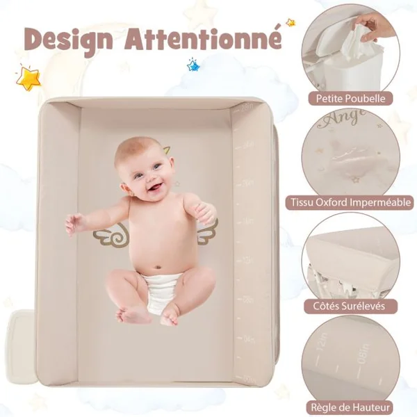 Table à Langer Pliable pour Bébé avec Hauteur Réglable sur 3 Niveaux Poubelle Panier de Rangement Etagère Roues Verrouillables Gris/Beige