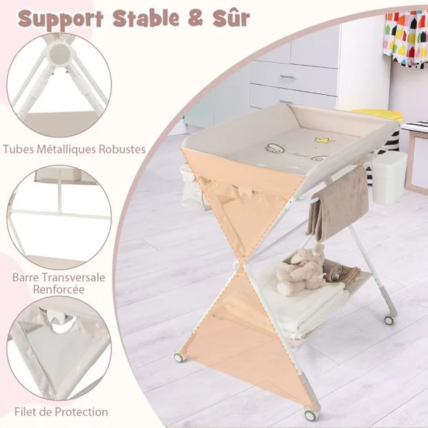 Table à Langer Pliable pour Bébé avec Hauteur Réglable sur 3 Niveaux Poubelle Panier de Rangement Etagère Roues Verrouillables Gris/Beige