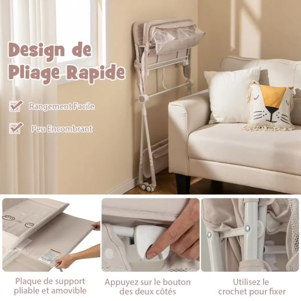 Table à Langer Pliable pour Bébé avec Hauteur Réglable sur 3 Niveaux Poubelle Panier de Rangement Etagère Roues Verrouillables Gris/Beige