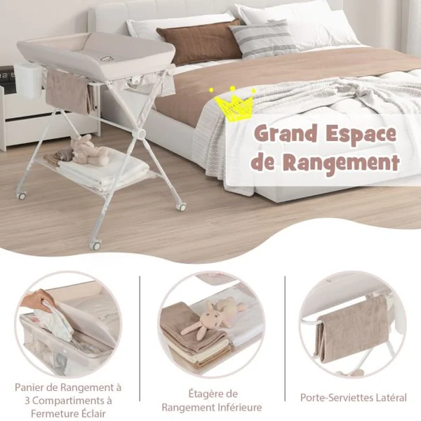 Table à Langer Pliable pour Bébé avec Hauteur Réglable sur 3 Niveaux Poubelle Panier de Rangement Etagère Roues Verrouillables Gris/Beige