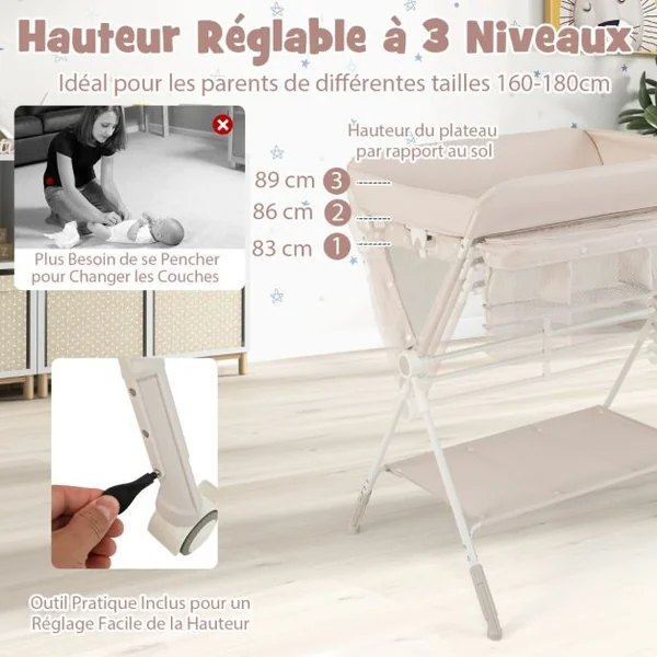 Table à Langer Pliable pour Bébé avec Hauteur Réglable sur 3 Niveaux Poubelle Panier de Rangement Etagère Roues Verrouillables Gris/Beige